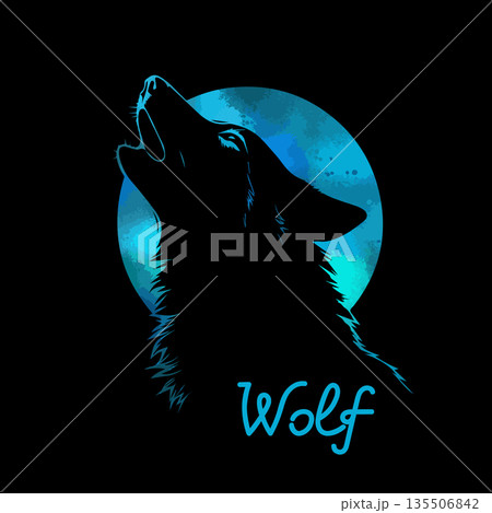 Wolf howling at the moon blue abstract . Hand drawn. Not AI, vector illustration. Wolf howling at the moon blue abstract . Hand drawn. Not AI, vector illustration. 135506842