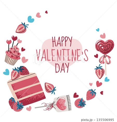 Round frame template with sweets, cake, chocolate, strawberry, candy and hearts. Valentine's day, wedding, anniversary, love party. Sweet romance. For sticker, label, invitation, packaging, postcard 135506995