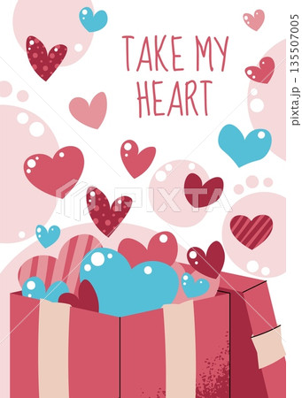 Greeting card template with gift box and flying hearts, flat style. Valentine's day, birthday, anniversary, surprise party. Joyful gift concept. For media story, invitation, poster, banner, flyer Greeting card template with gift box and flying hearts, flat style. Valentine's day, birthday, anniversary, surprise party. Joyful gift concept. For media story, invitation, poster, banner, flyer 135507005