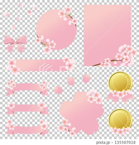 桜の花で装飾されたフレームセット素材。 135507018