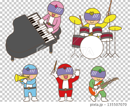 Set of hero characters playing musical instruments: piano, drums, guitar, trumpet, conductor 135507070