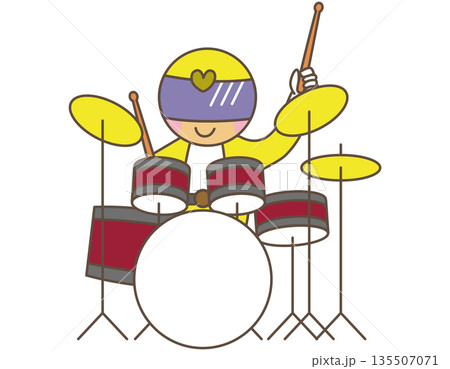 ドラムを叩くヒーローキャラクター｜リズムと音楽表現のイラスト素材 135507071