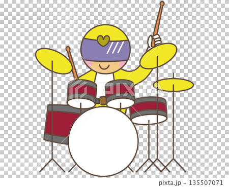 ドラムを叩くヒーローキャラクター｜リズムと音楽表現のイラスト素材 135507071