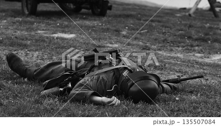Historical Re-enactment Black And White . Re-enactor Dressed As Historical Re-enactment Black And White . Re-enactor Dressed As 135507084