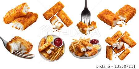 Set of fish fingers sticks, golden brown fried crispy battered crust with flaky fish fillet meat, french fries sauce dip, fork, stack broken bitten pile pieces, transparent cutout PNG. Mockup template 135507111