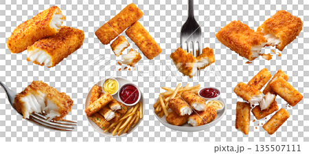 Set of fish fingers sticks, golden brown fried crispy battered crust with flaky fish fillet meat, french fries sauce dip, fork, stack broken bitten pile pieces, transparent cutout PNG. Mockup template 135507111
