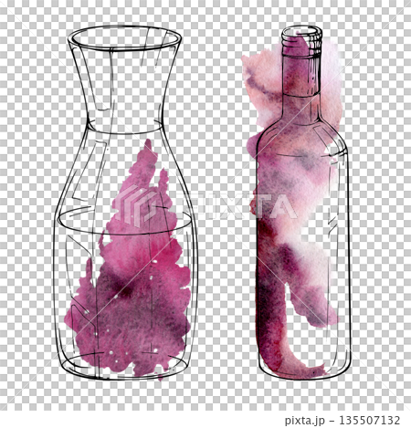 Glass carafe decanter and bottle half-filled with wine, serving vessel. Hand-drawn illustration in watercolor and ink for restaurant branding, menus, tasting rooms, catalog layouts, drink guides 135507132