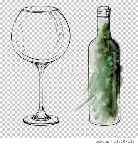 Tall long-neck wine bottle and balloon snifter glass hand drawn in ink and watercolor wash. Silhouette isolated for boutique winery branding, menus, tasting events, packaging and gourmet themes. Tall long-neck wine bottle and balloon snifter glass hand drawn in ink and watercolor wash. Silhouette isolated for boutique winery branding, menus, tasting events, packaging and gourmet themes. 135507135