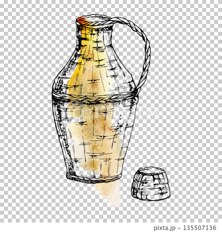 Traditional Italian carafe wine bottle wrapped in wicker hand drawn in ink and watercolor. Rustic illustration isolated for vineyard branding, menus, travel themes, Tuscany design, gourmet packaging. Traditional Italian carafe wine bottle wrapped in wicker hand drawn in ink and watercolor. Rustic illustration isolated for vineyard branding, menus, travel themes, Tuscany design, gourmet packaging. 135507136