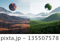 Climate Change Concept Split Landscape With Dead And Green Planets. AI Generated Climate Change Concept Split Landscape With Dead And Green Planets. AI Generated 135507578