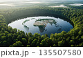 Conceptual World Map Island In Green Forest Lake Aerial View. AI Generated Conceptual World Map Island In Green Forest Lake Aerial View. AI Generated 135507580