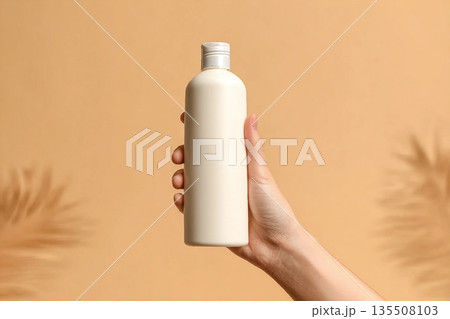 Hand holding white bottle of shampoo or hair conditioner on beige background, copy space 135508103