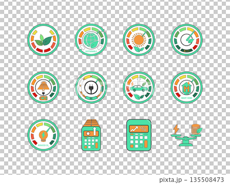 Vector Eco Energy Efficiency Gauges and Sustainability Performance Icons 135508473