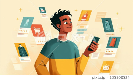 Gen Z shopper explores social feed with floating product cards and checkout icons in a modern ecommerce environment 135508524