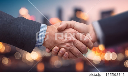 Businessmen shaking hands in a professional setting with blurred city lights in the background 135508543