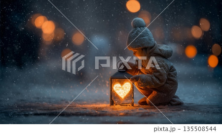 Child in winter clothing gazes at glowing lantern with heart shape in snowy evening atmosphere 135508544