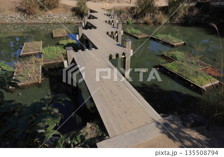 栗林公園、西湖南端の睡竜潭にかかる雁行形の八つ橋「津筏梁」を中島の慈航嶼側から見る 栗林公園、西湖南端の睡竜潭にかかる雁行形の八つ橋「津筏梁」を中島の慈航嶼側から見る 135508794
