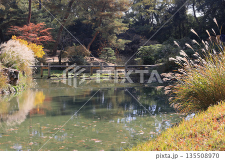 栗林公園、西湖南端の睡竜潭にかかる雁行形の八つ橋「津筏梁」を西側から見る 135508970
