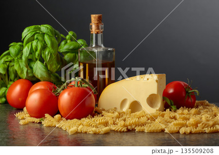Ingredients for preparing traditional Italian pasta with cheese. Ingredients for preparing traditional Italian pasta with cheese. 135509208