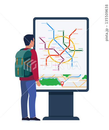 Passenger stands in front of metro transport city map Info board. Public underground city transport. Metro lines map. Urban traffic infrastructure, transportation. Vector illustration. 135509638