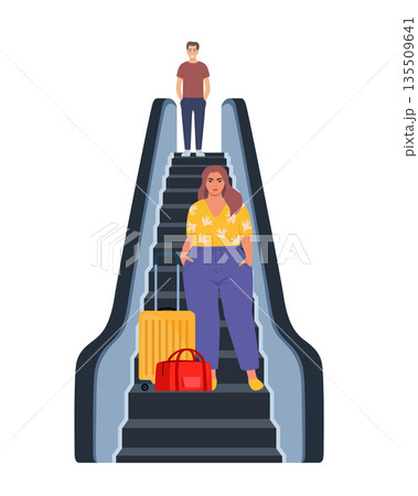 Passengers with luggage stand on escalator at airport or transportation station. Man and woman using escalator. Automatic ladder with railing. Vector illustration. 135509641