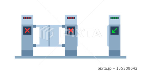 Turnstile. Subway station or airport security element. Entrance gates. Access control equipment. Vector illustration. 135509642