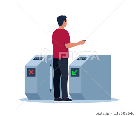 Turnstile entrance with passenger standing at closed tourniquet barrier to check payment for access. Human holding hand on automatic gate machine to pass through. Vector illustration 135509646