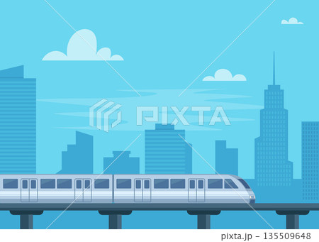 Urban railway. Train in the city. Subway train over cityscape. City landscape with train. Train moving on a bridge. Public transportation. High speed subway. Vector illustration. Urban railway. Train in the city. Subway train over cityscape. City landscape with train. Train moving on a bridge. Public transportation. High speed subway. Vector illustration. 135509648