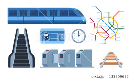 Metro design elements, set. Urban public transport. Turnstiles, escalator, ticket, train, metro map. Subway items collection. Vector illustration. 135509652