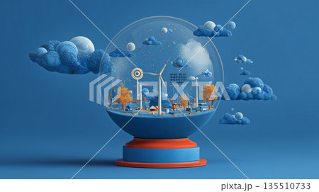 3D illustration of a snow globe featuring a vibrant eco-friendly cityscape with renewable energy elements 135510733