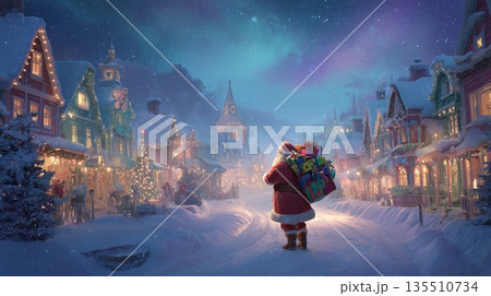 Santa Claus standing in a snowy village with colorful houses and festive decorations at night 135510734