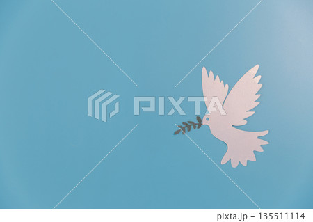 White paper-cut dove holding an olive branch on a blue background with ample copy space. Minimal peaceful symbol for hope, freedom, faith, unity and humanitarian concepts. White paper-cut dove holding an olive branch on a blue background with ample copy space. Minimal peaceful symbol for hope, freedom, faith, unity and humanitarian concepts. 135511114