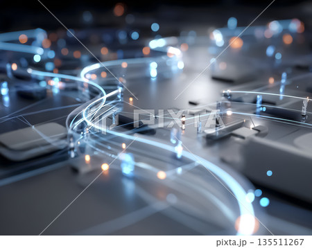 流れるデータで可視化されたデジタルグリッド｜ネットワークと情報基盤のCGイメージ 135511267