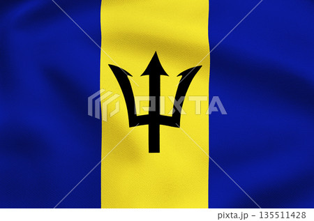 National flag of Barbados showing blue and gold vertical bands with central trident emblem. National flag of Barbados showing blue and gold vertical bands with central trident emblem. 135511428