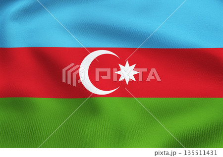 National flag of Azerbaijan with vibrant colors and crescent symbol representing culture history and sovereignty. 135511431