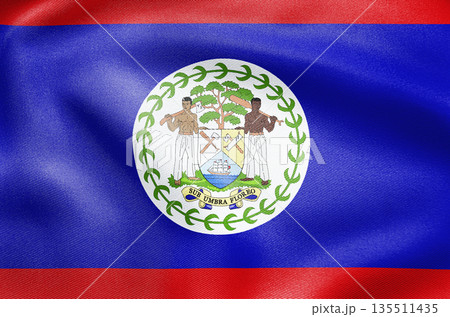 National flag of Belize with blue red borders and detailed coat of arms emblem. National flag of Belize with blue red borders and detailed coat of arms emblem. 135511435
