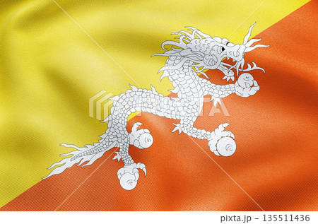 National flag of Bhutan with yellow and orange fields and powerful dragon symbol. National flag of Bhutan with yellow and orange fields and powerful dragon symbol. 135511436