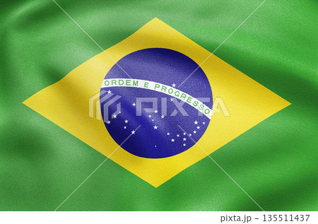 National flag of Brazil featuring green field yellow diamond and blue globe with stars. 135511437