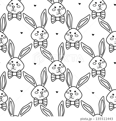 Seamless pattern with hand-drawn outline drawings of rabbits on a white background. Easter celebration and spring holidays. Coloring pattern 135511443