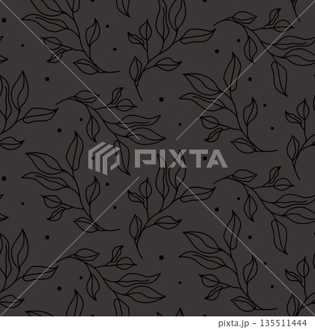 Plant branches dark gray pattern print background with leaves. Farmhouse backdrop and floral bunches nocturn style 135511444