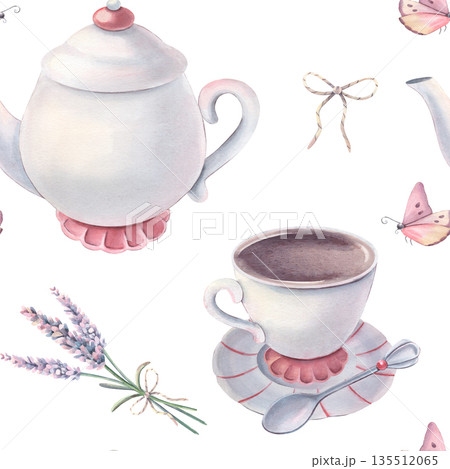 Watercolor seamless pattern with tea set, lavender bouquets, butterflies. Hand-painted illustrations isolated on white for stationery, packaging, textile, branding, party invitation, vintage design Watercolor seamless pattern with tea set, lavender bouquets, butterflies. Hand-painted illustrations isolated on white for stationery, packaging, textile, branding, party invitation, vintage design 135512065