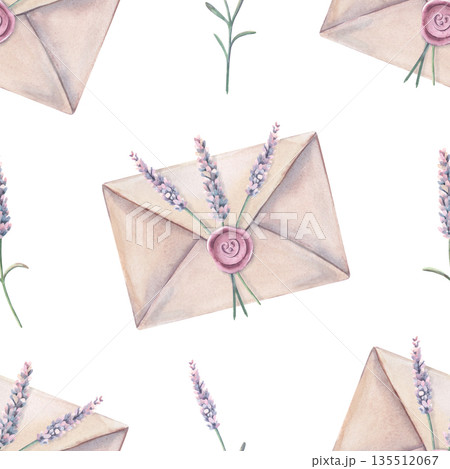 Watercolor seamless pattern, envelopes, lavender, wax seal. Hand-painted illustration isolated on white for stationery, invitations, packaging, textiles, branding, scrapbooking, romantic design, decor Watercolor seamless pattern, envelopes, lavender, wax seal. Hand-painted illustration isolated on white for stationery, invitations, packaging, textiles, branding, scrapbooking, romantic design, decor 135512067