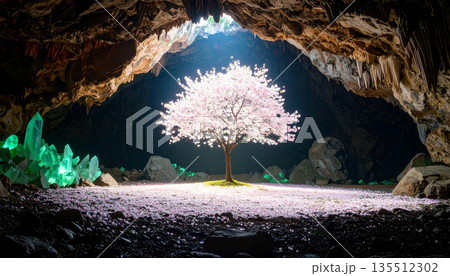 幻想的な洞窟に咲く一本の桜　光るクリスタルと春のファンタジー風景 135512302