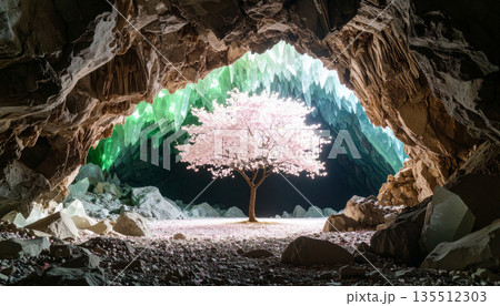 クリスタル洞窟に包まれる満開の桜　光に満ちた幻想的な春の世界 135512303