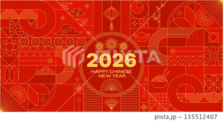 2026 Happy Chinese New Year card. Red gold Lunar calendar 2026 Happy Chinese New Year card. Red gold Lunar calendar 135512407