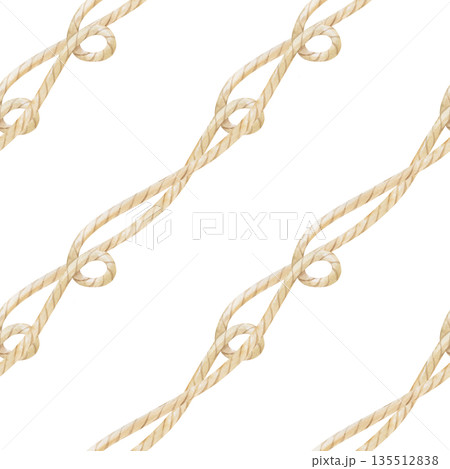Diagonal seamless pattern of intertwined beige rope with loops on an isolated background. Watercolor illustration with natural colored twine. A realistic template for marine themes, fishing and 135512838