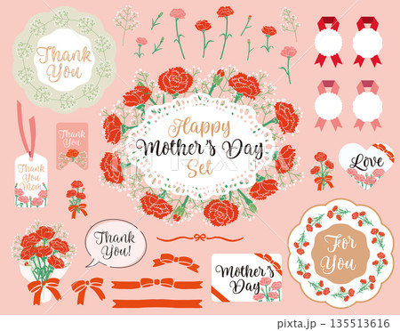 母の日ベクターイラストセット｜カーネーション・ギフト・感謝のデザイン素材集 135513616