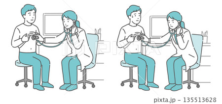 白衣の女性医師による男性患者の聴診イラストセット(正常・異常/体調不良) 白衣の女性医師による男性患者の聴診イラストセット(正常・異常/体調不良) 135513628