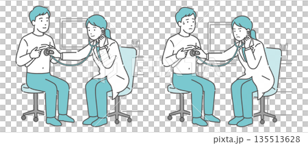 白衣の女性医師による男性患者の聴診イラストセット(正常・異常/体調不良) 白衣の女性医師による男性患者の聴診イラストセット(正常・異常/体調不良) 135513628