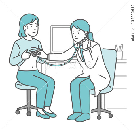 聴診を受ける冷や汗をかいた女性と深刻な表情の白衣の女性医師のイラスト 135513630